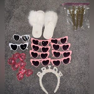 Bachelorette goodies - slippers, straws, shot glasses, sunnies, headband